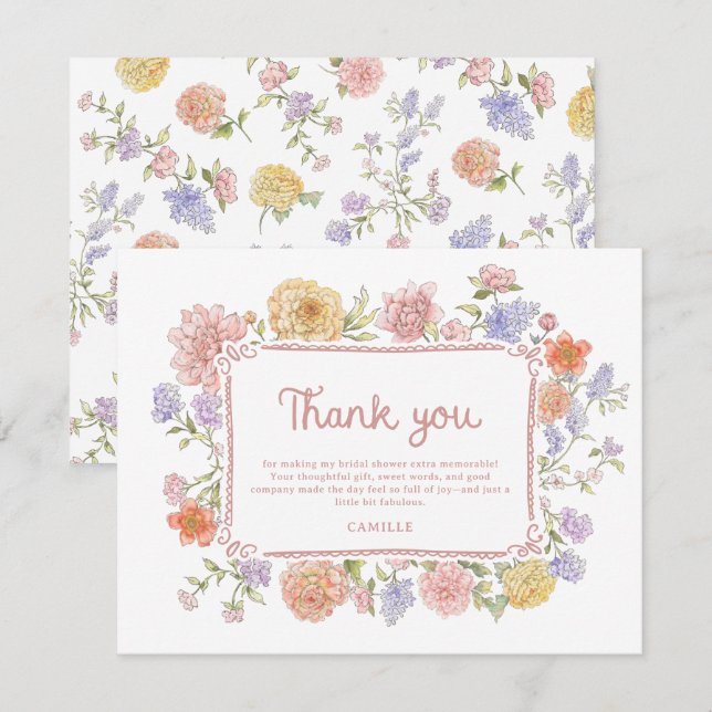 Tarjeta De Agradecimiento Whimsical Floral Bridal Shower (Anverso / Reverso)