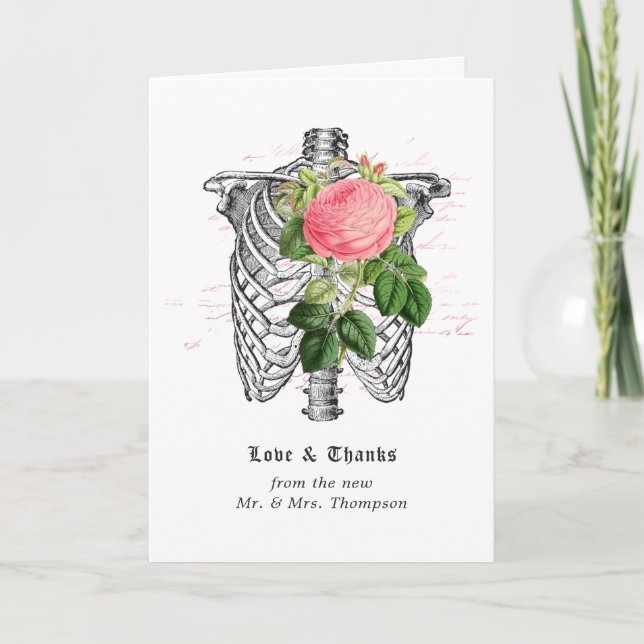 Tarjeta De Agradecimiento Whimsical Floral Skeleton Boda Gótico Gracias (Anverso)