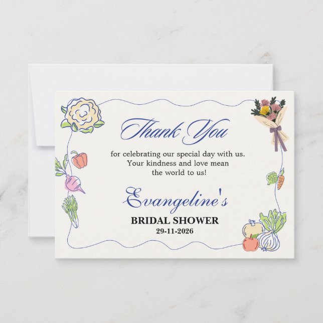 Tarjeta De Agradecimiento Whimsical Fresh Off the Market Bridal Shower  (Anverso)