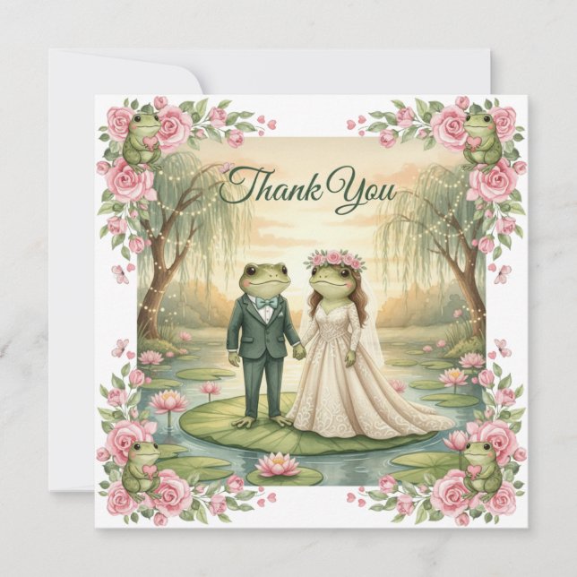 Tarjeta De Agradecimiento Whimsical Frog Couple Wedding Thank You Card (Anverso)