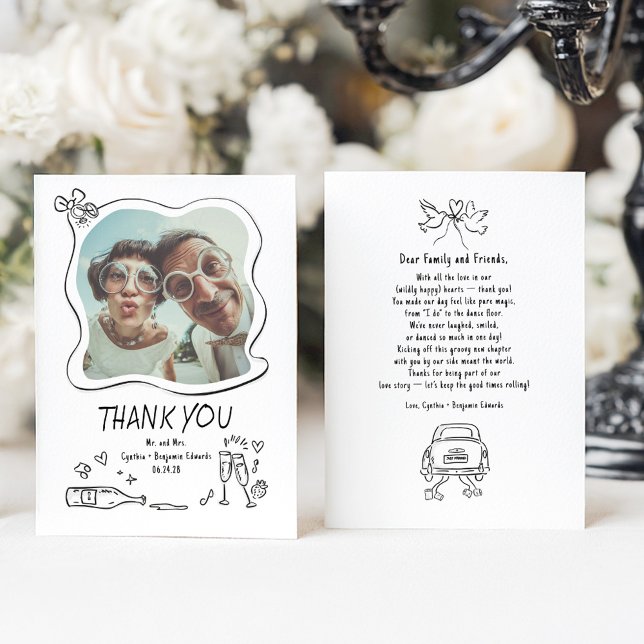 Tarjeta De Agradecimiento Whimsical Funky Hand Drawn Wedding Photo (Quirky Funky Drawings Wedding Thank You Photo Cards)