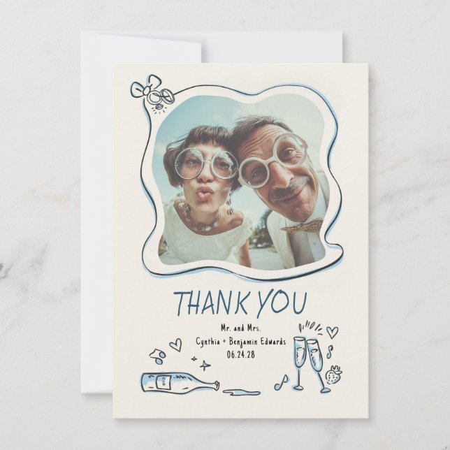 Tarjeta De Agradecimiento Whimsical Funky Hand Drawn Wedding Photo (Anverso)