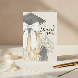 Tarjeta De Agradecimiento Whimsical Graduation Cap with Bow & Pearls Script
