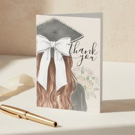 Tarjeta De Agradecimiento Whimsical Graduation Cap with Bow & Pearls Script