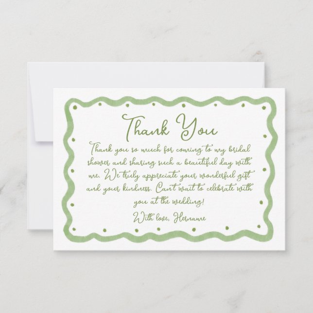 Tarjeta De Agradecimiento Whimsical Green Wavy Hand Painted Bridal Shower (Anverso)