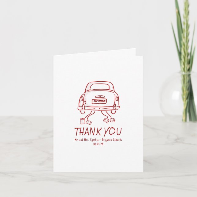 Tarjeta De Agradecimiento Whimsical Hand Drawn Just Married Car Wedding (Anverso)