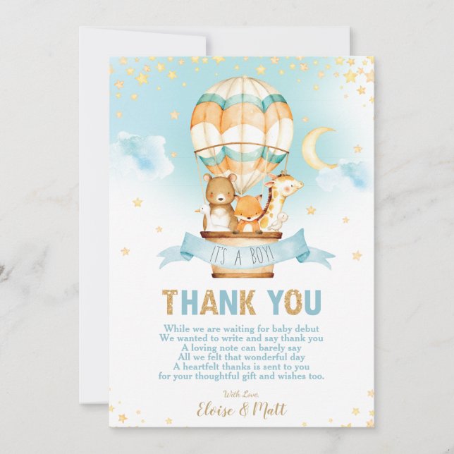 Tarjeta De Agradecimiento Whimsical Hot Air Balloon Baby Shower Cute Animale (Anverso)