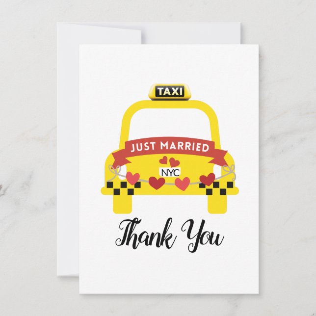 Tarjeta De Agradecimiento Whimsical Just Married Taxi Thank You (Anverso)