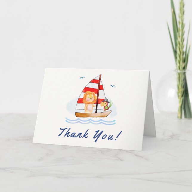 Tarjeta De Agradecimiento Whimsical Nautical Wild Lion Sailboat Baby Shower (Anverso)