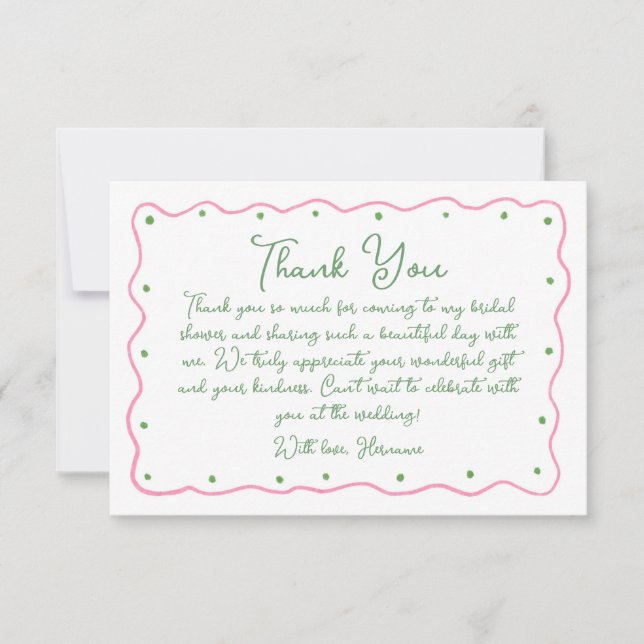 Tarjeta De Agradecimiento Whimsical Pink Green Hand Painted Bridal Shower (Anverso)
