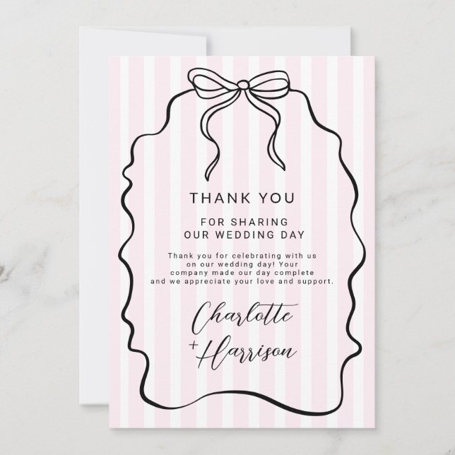 Tarjeta De Agradecimiento Whimsical Pinstripe Bow Boda (Anverso)