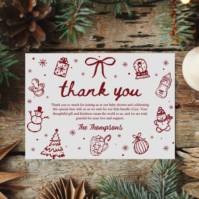 Tarjeta De Agradecimiento Whimsical Red Hand Drawn Christmas Baby Shower (Subido por el creador)