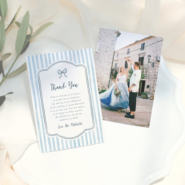 Tarjeta De Agradecimiento Whimsical Retro Bow & Blue Stripes Wedding (Subido por el creador)