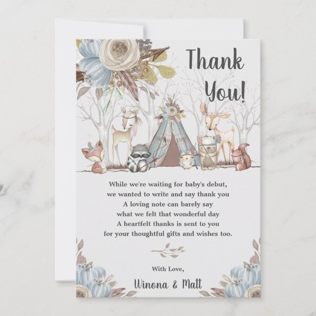 Tarjeta De Agradecimiento Whimsical Tribal Boho Woodland Animals Baby Shower (Anverso)