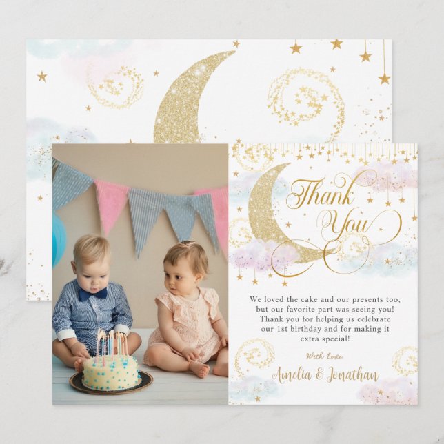 Tarjeta De Agradecimiento Whimsical Twinkle Little Star Twins foto de cumple (Anverso / Reverso)