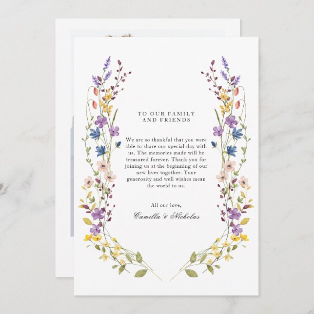 Tarjeta De Agradecimiento Whimsical Wildflower Wreath Photo Boda (Anverso / Reverso)