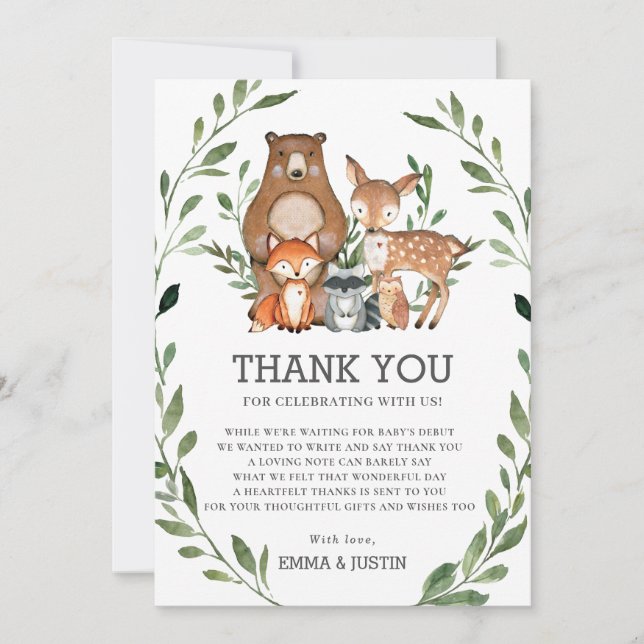 Tarjeta De Agradecimiento Whimsical Woodland Animals Greenery Baby Shower (Anverso)