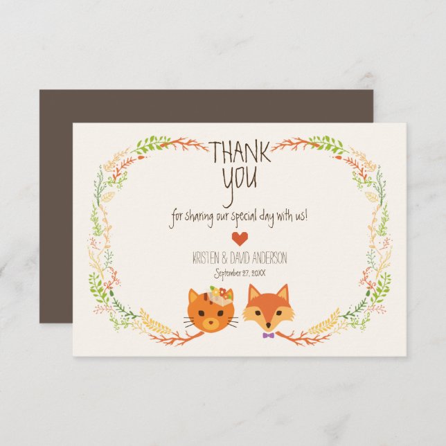 Tarjeta De Agradecimiento Whimsical Woodland Fox & Cat Boda (Anverso / Reverso)