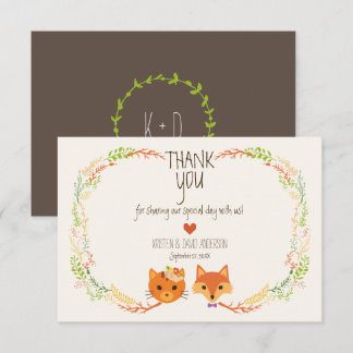 Tarjeta De Agradecimiento Whimsical Woodland Fox & Cat Boda