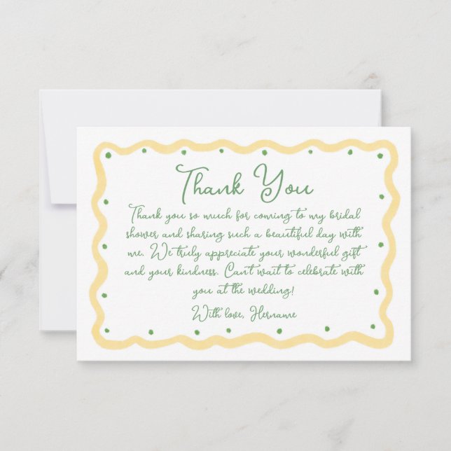 Tarjeta De Agradecimiento Whimsical Yellow Green Hand Painted Bridal Shower (Anverso)
