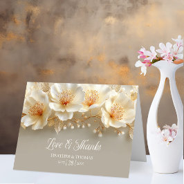 Tarjeta De Agradecimiento White and Gold Floral Love and Thanks Wedding