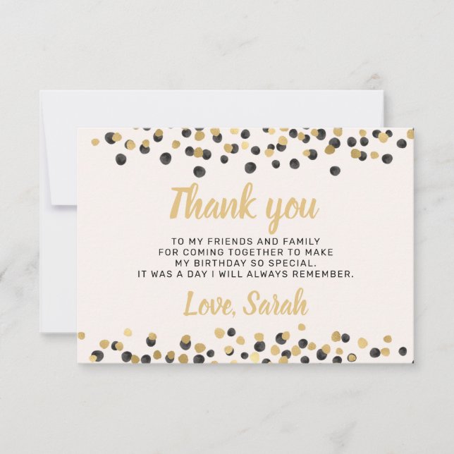 Tarjeta De Agradecimiento White Black Gold Confetti Cumpleaños Gracias (Anverso)