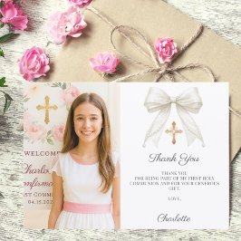 Tarjeta De Agradecimiento White bow photo pearls girl Confirmation