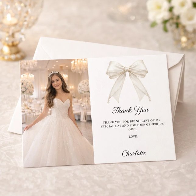 Tarjeta De Agradecimiento White bow photo pearls girl Sweet 16 (Subido por el creador)