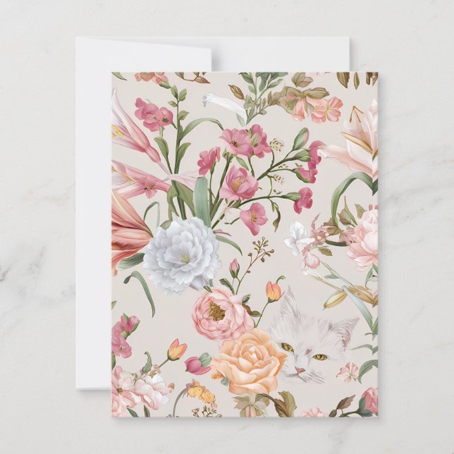 Tarjeta De Agradecimiento White Cats Pink Roses Floral Flat Thank You Card (Anverso)