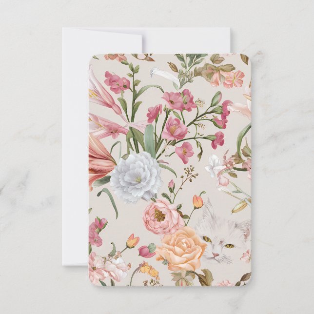 Tarjeta De Agradecimiento White Cats Pink Roses Floral Flat Thank You Card (Anverso)