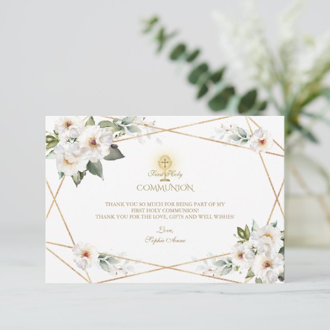 Tarjeta De Agradecimiento White Cream Floral Gold Girl First Holy Communion  (Anverso de pie)