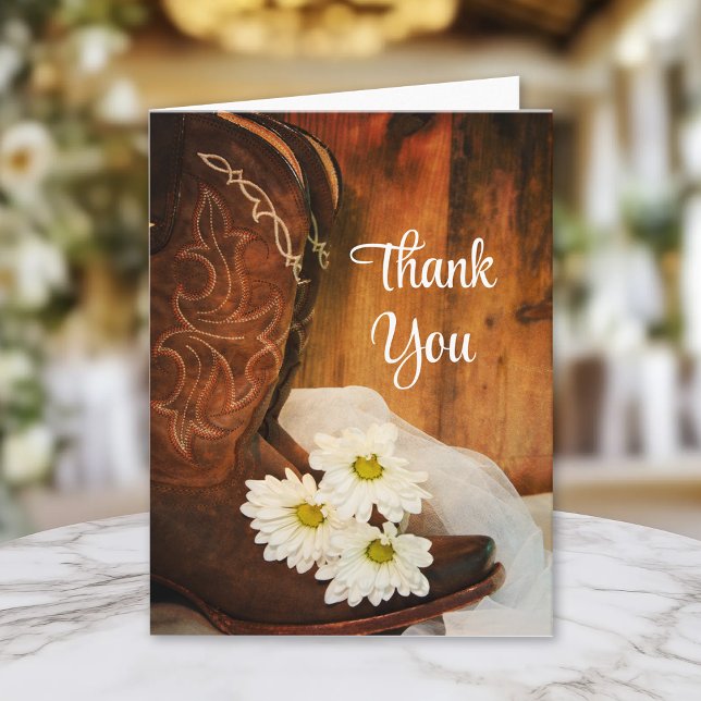 Tarjeta De Agradecimiento White Daisies Cowboy Boots Western Gracias (Subido por el creador)