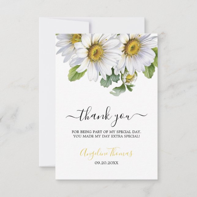 Tarjeta De Agradecimiento White Daisy Floral Greenery Script Birthday (Anverso)