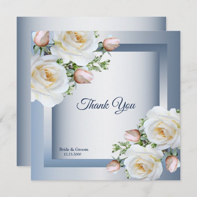 Tarjeta De Agradecimiento White Floral Elegant Blue Gray (Anverso / Reverso)