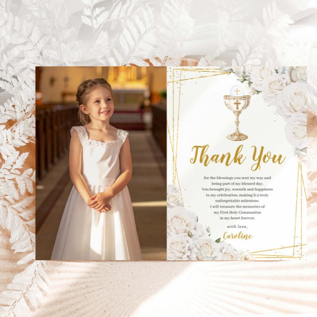 Tarjeta De Agradecimiento White Floral First Holy Communion Chalice Photo (Subido por el creador)