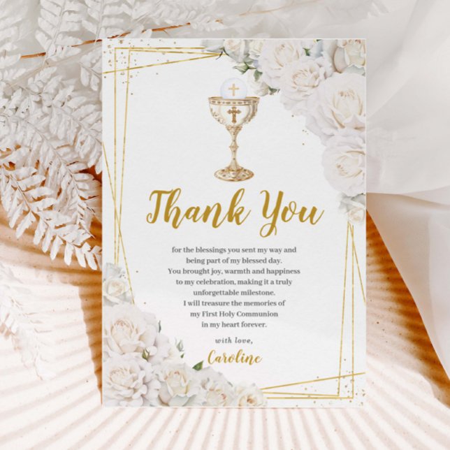 Tarjeta De Agradecimiento White Floral First Holy Communion Gold Chalice (Subido por el creador)