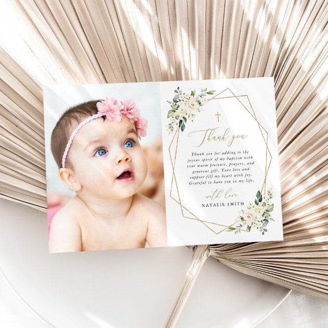 Tarjeta De Agradecimiento White Flowers, Cream Flowers, Greenery, Baptism (Subido por el creador)