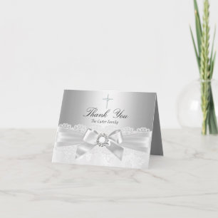 Tarjeta De Agradecimiento White Lace & Cross Baptism Thank You Card