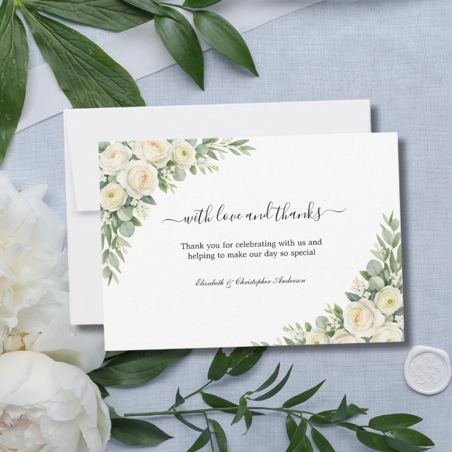 Tarjeta De Agradecimiento White Roses Cream Floral Greenery Wedding (White Roses Cream Watercolor Florals Elegant Classic Wedding thank you cards)