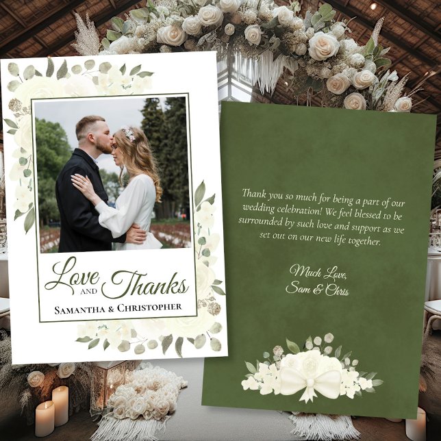 Tarjeta De Agradecimiento White Roses Love & Gracias Boda Photo & Note (Front/Back)