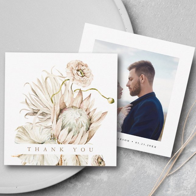 Tarjeta De Agradecimiento Wild Boho Protea Pampas Grass Boda Square Foto (Front & Back)