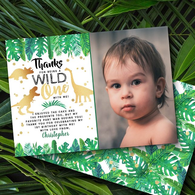 Tarjeta De Agradecimiento Wild One Dinosaur Boys First Birthday Photo (Subido por el creador)