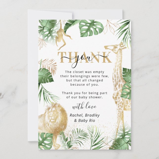 Tarjeta De Agradecimiento Wild One Jungle Safari Greenery Baby Shower en Esp (Anverso)