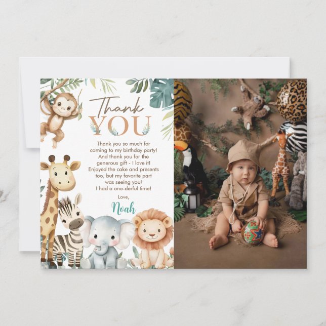 Tarjeta De Agradecimiento Wild Safari Animals Birthday Party Photo (Anverso)