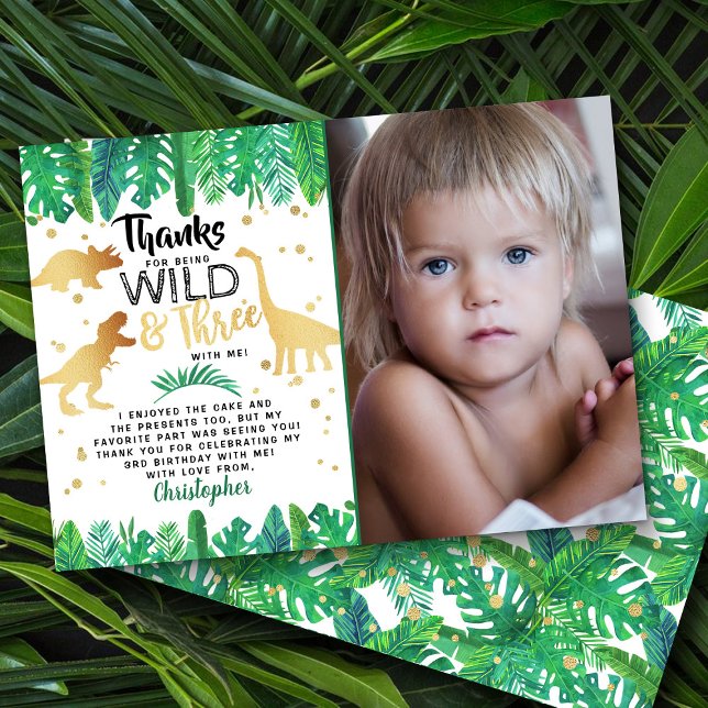 Tarjeta De Agradecimiento Wild & Tres Dinosaurios Boys Foto de tercer cumple (Subido por el creador)