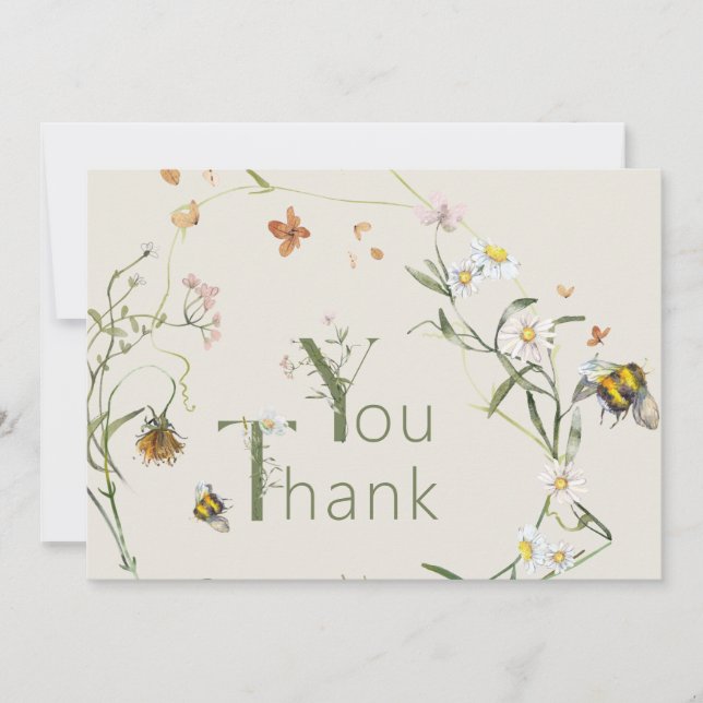 Tarjeta De Agradecimiento Wildflower Bee Beige Baby Shower (Anverso)