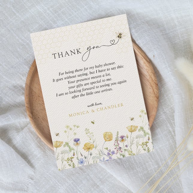 Tarjeta De Agradecimiento Wildflower Boho Rustic Bee Garden Cute Baby Shower (Bee Meadow Wildflowers Mama to Bee Baby Shower Thank You Card Floral Garden Watercolor Minimalist)