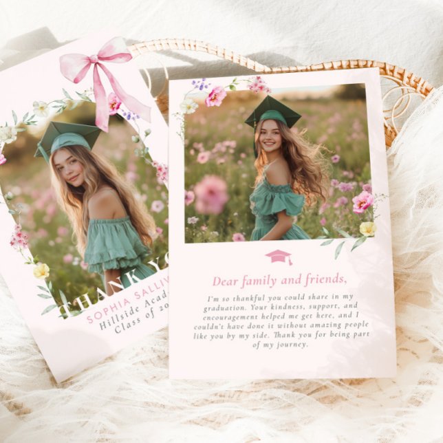 Tarjeta De Agradecimiento Wildflower Bow Graduation Photo (Subido por el creador)