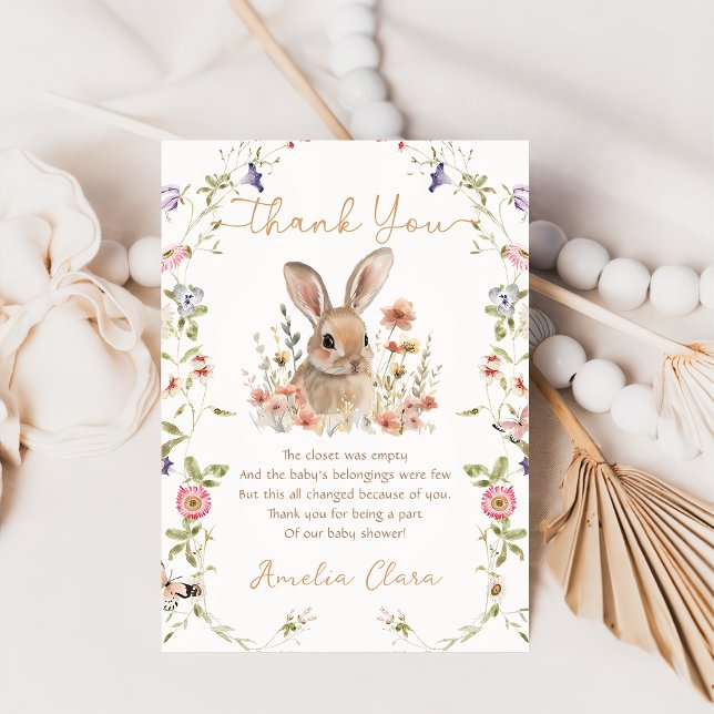 Tarjeta De Agradecimiento Wildflower Bunny Rabbit Chica Baby Shower (Subido por el creador)
