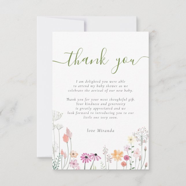 Tarjeta De Agradecimiento Wildflower Floral Baby Shower Gracias (Anverso)